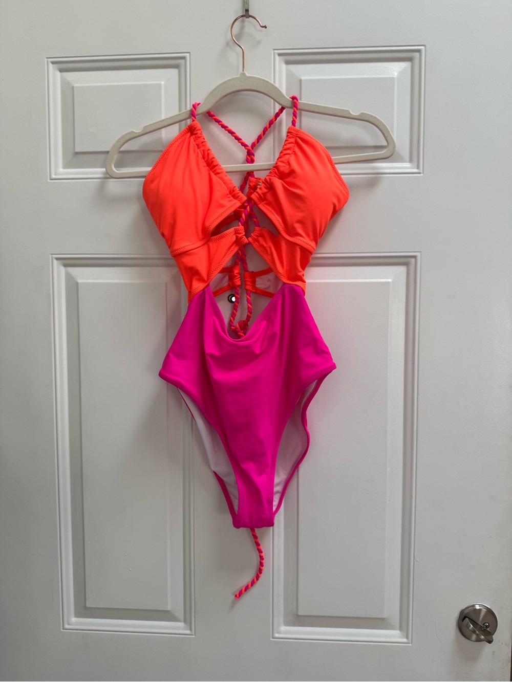 Neon Orange and Hot Pink One-Piece Swimsuit with Braided Straps